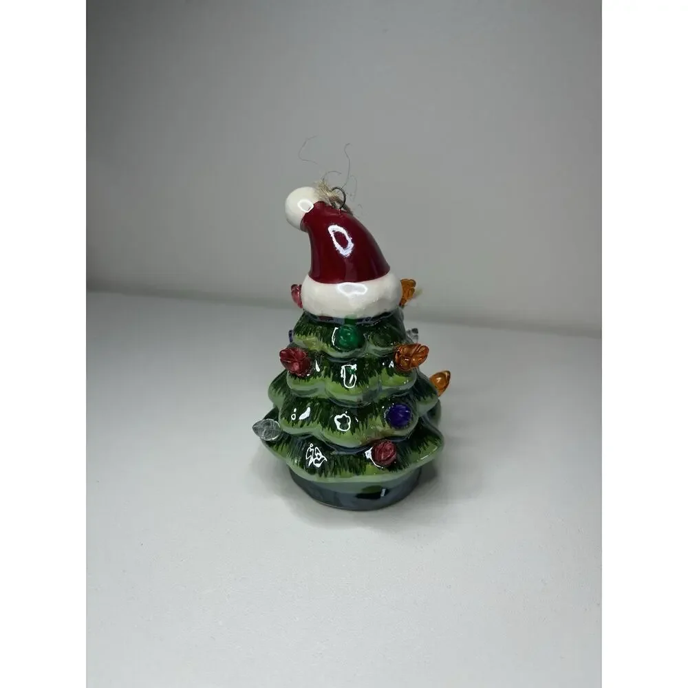 Green Ceramic Christmas Tree Light Up Ornament Santa Hat Working! VTG Xmas